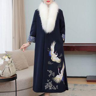 Fluffy Lapel Crane Embroidered Open-front Long Coat