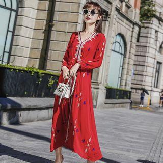 Long-sleeve Embroidered Tie-waist Maxi Dress