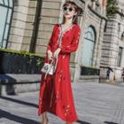 Long-sleeve Embroidered Tie-waist Maxi Dress