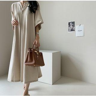 Elbow-sleeve Pleated-front Dress Beige - One Size