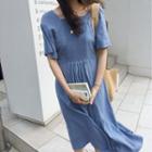 Square-neck Plain Short-sleeve Dress Denim Blue - One Size