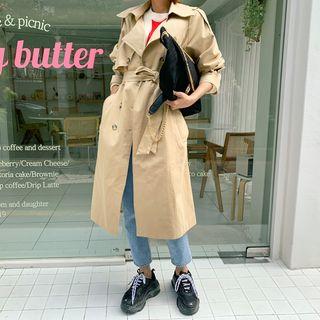 Flap Double-breasted Trench Coat Beige - One Size
