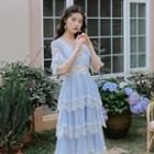 Two-tone Lace Trim Short-sleeve Layered Maxi A-line Dress