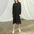 Round-neck Pleated-hem Pullover Dress Black - One Size