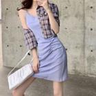 Plaid Elbow-sleeve Cropped Shirt / Spaghetti-strap Mini Sheath Dress