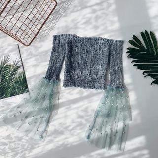 Off-shoulder Mesh Panel Long-sleeve Top