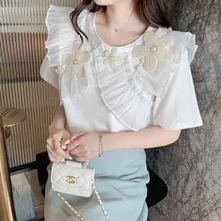 Short-sleeve Beaded Flower Detail Ruffle T-shirt