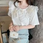 Short-sleeve Beaded Flower Detail Ruffle T-shirt