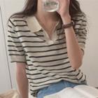 Collared Short-sleeve Striped Knit T-shirt