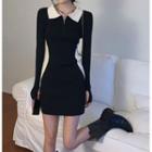 Long-sleeve Contrast Trim Collared Mini Sheath Dress Black - One Size