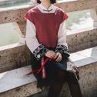 Inset Vest Color-block Sleeve Blouse / Tassel-detail Mesh Skirt
