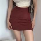 High Waist Plain Slit-side Mini Fitted Skirt