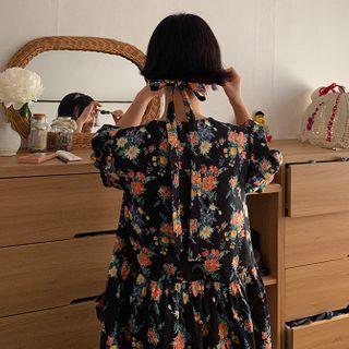 Puff-sleeve Single Breast Floral Printed Dress Black - One Size