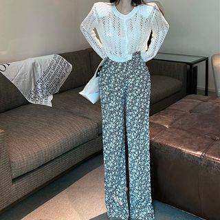 Pointelle Cardigan / Floral Wide Leg Pants