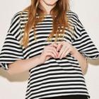 Bear Embroidered Striped Short Sleeve T-shirt