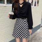 Plain Blouse / Checkerboard Mini Skirt