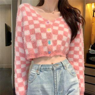 Plaid Rainbow Button Cropped Cardigan Pink - One Size