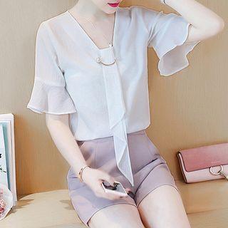 Set: Bell Elbow-sleeve Chiffon Top + Wide-leg Shorts