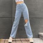 High Waist Distressed Straight-fit Jeans