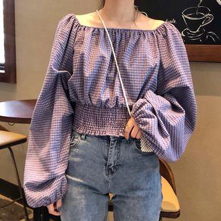 Plaid Lantern-sleeve Blouse Plaid - Purple - One Size
