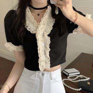 Short-sleeve Eyelet Lace Trim Crop Top