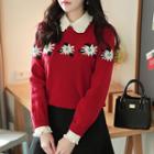 Puff-shoulder Floral Knit Top