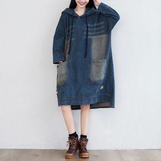 Denim Hoodie Dress Dark Blue - One Size