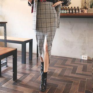 Slit-front Herringbone Long Pencil Skirt