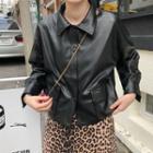 Long-sleeve Plain Pu Leather Jacket As Shown In Figure - One Size
