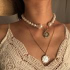 Embossed Alloy Pendant Faux Pearl Layered Necklace Gold - One Size