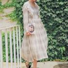 Plaid Long-sleeve A-line Dress Beige Almond - One Size