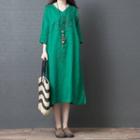 3/4-sleeve Floral Embroidered Linen Blend A-line Midi Dress