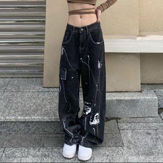 Paisley Print Panel Applique Wide-leg Jeans