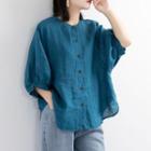 Lantern-sleeve Plain Cotton Linen Shirt