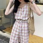 Plaid V-neck Sleeveless Jumpsuit Pants