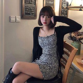 Spaghetti Strap Zebra Print Mini Bodycon Dress / Cardigan