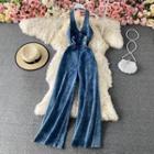 High Waist Wide Leg Open Back Denim Jumpsuit