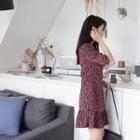 Elbow-sleeve Frill-hem Pattern Dress