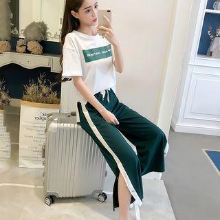 Set: Short-sleeve Lettering T-shirt + Cropped Wide-leg Sweatpants