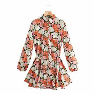 Long-sleeve Flower Print Mini Shirtdress