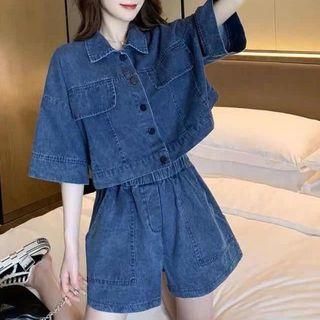 Set: Elbow-sleeve Denim Crop Shirt + Shorts