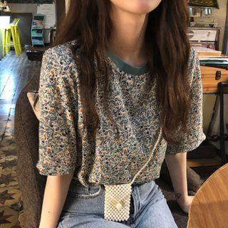 Short-sleeve Floral Print Blouse Green Neck - Green Floral - White - One Size