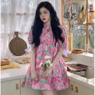 Puff-sleeve Floral Mini A-line Dress Rose - Pink - One Size