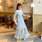 High-waist Mesh Panel Mock Two-piece Medium Long Dress