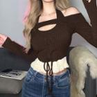 Long-sleeve Cold-shoulder Lace Up T-shirt