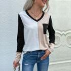 V-neck Long Sleeve Color Block T-shirt