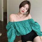 Long-sleeve Off-shoulder Flower Print Top Green - One Size
