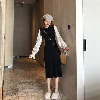 Mock Two-piece Long-sleeve Frill-trim Midi Knit Dress