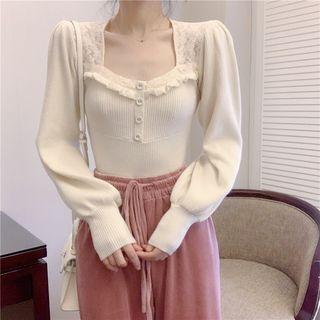 Lace Square-neck Long-sleeve Knit Top