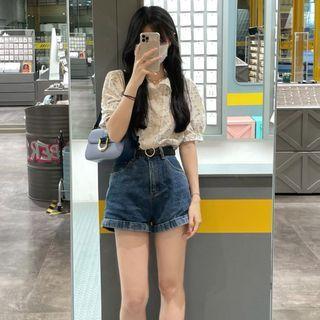 Short-sleeve Floral Lace Trim Blouse / Denim Shorts